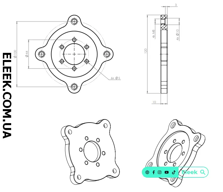 Dimensions and blueprint of the ELEEK VM-01 CNC machined Bike-to-Moto adapter
